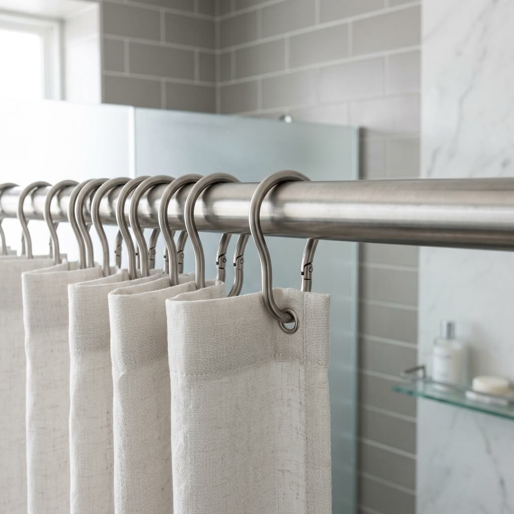 Close-up of premium metal shower rings on a high tension rod