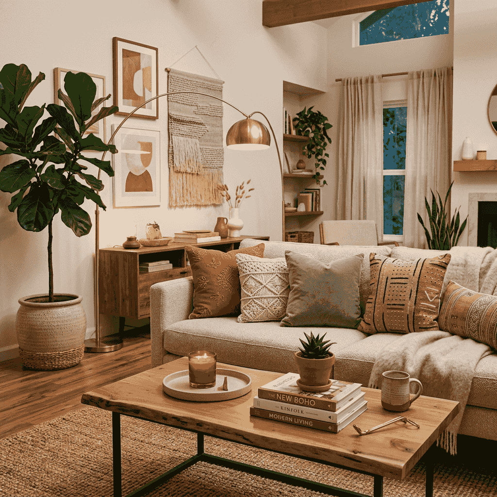 Bright modern living room with smart home organization, natural light, and stylish decor