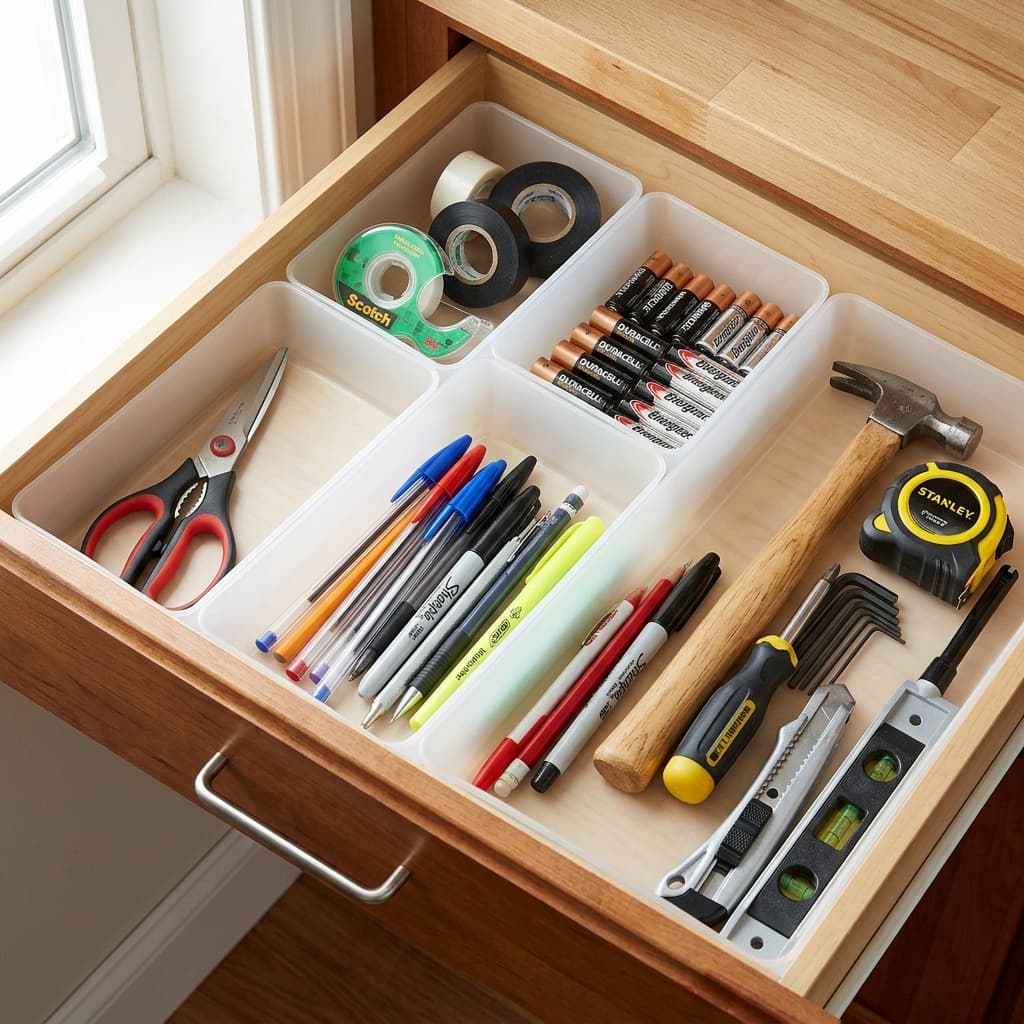 Kitchen Junk Drawer Organization (Under $10) — Kitchen & Dining. Tired of the chaotic kitchen junk drawer? This kitchen junk drawer organization system cos