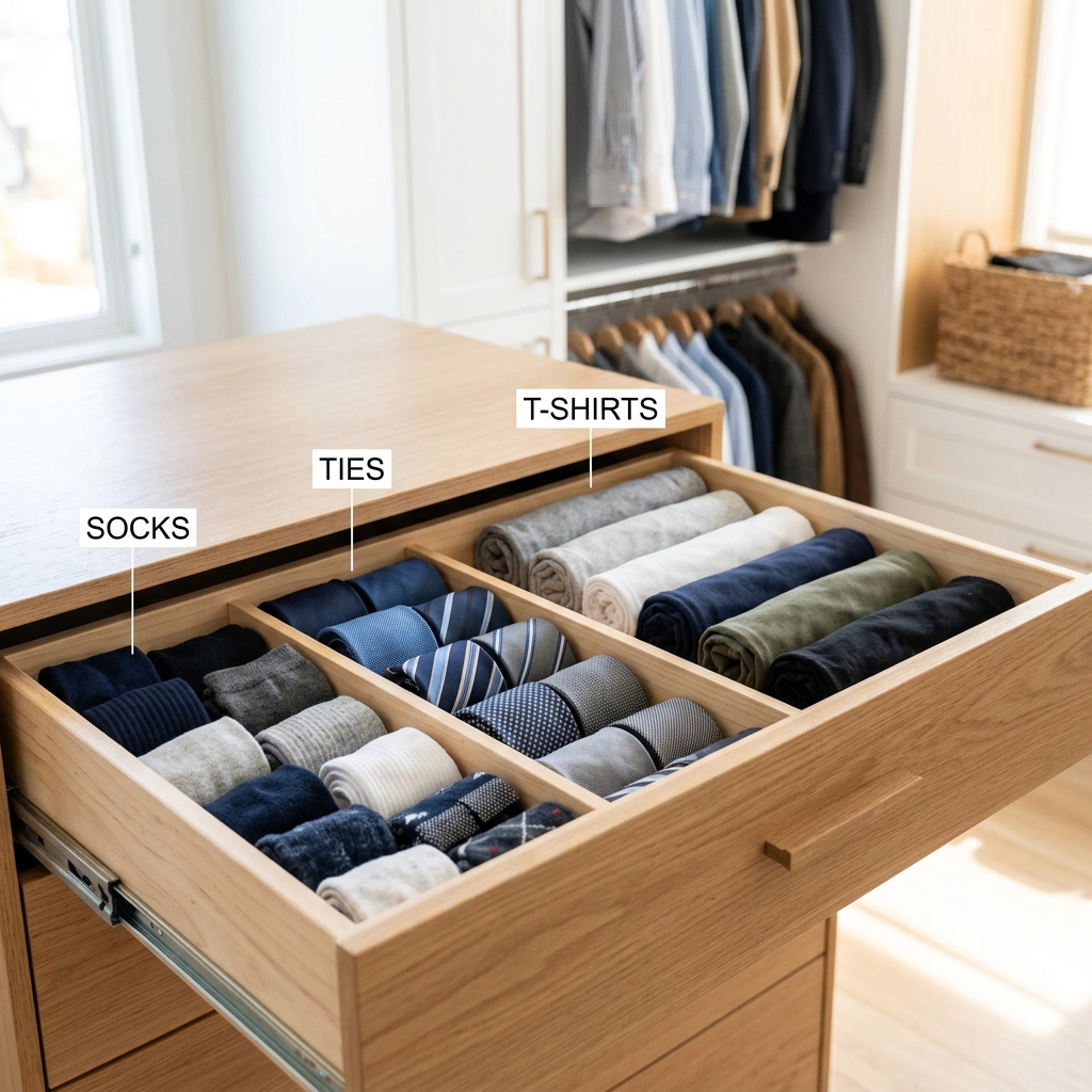 Neat Drawer Organizers with socks, ties and t-shirts
