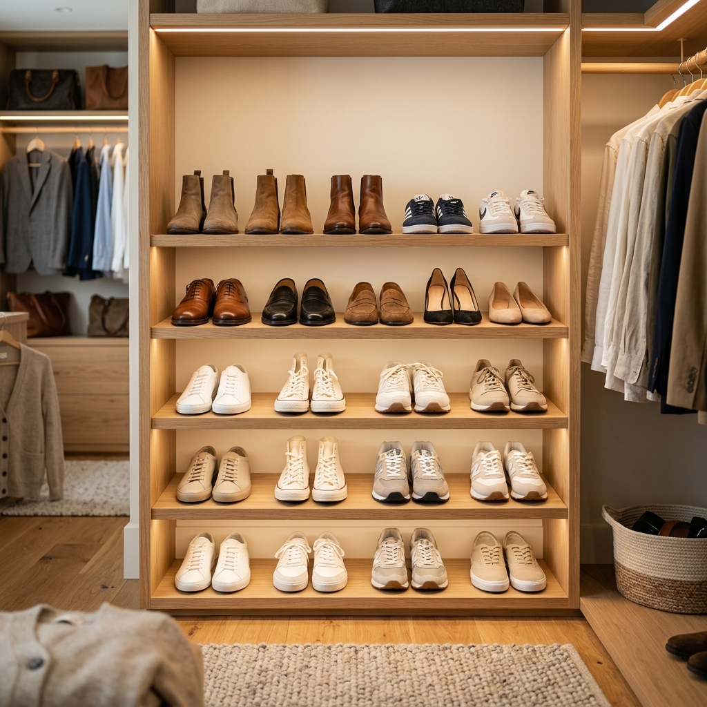 Modern shoe rack organization in a closet