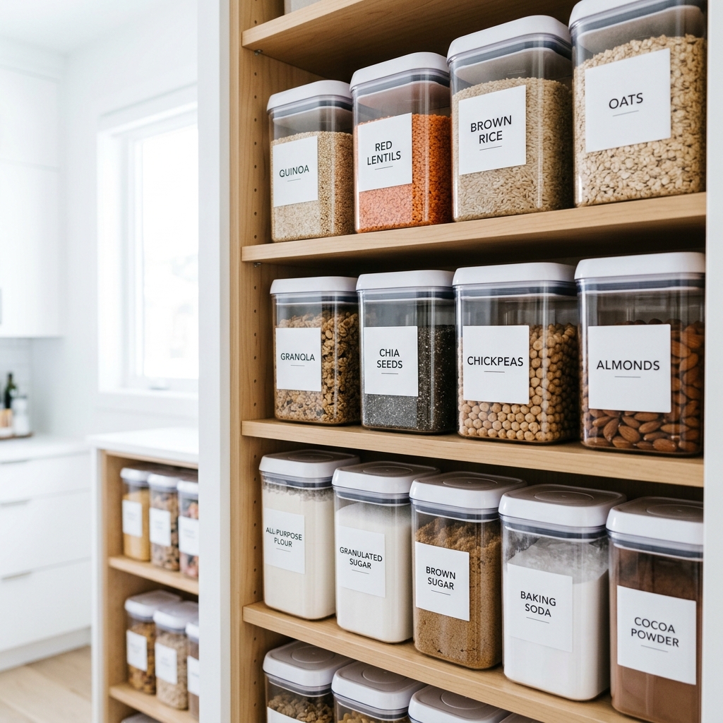Clear glass and plastic containers labeled with pantry staples