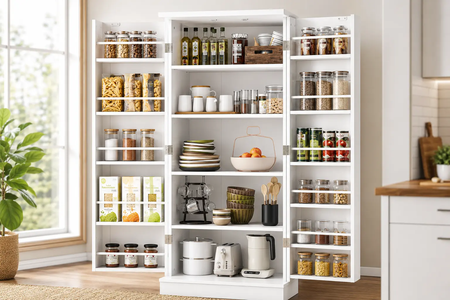 47 Inch White Kitchen Pantry Cabinet with Adjustable Shelves
